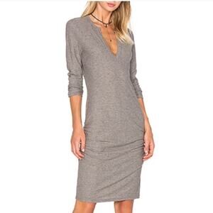 Standard James Perse Womens Henley Long Sleeve V Neck Ruched Charcoal Midi Dress